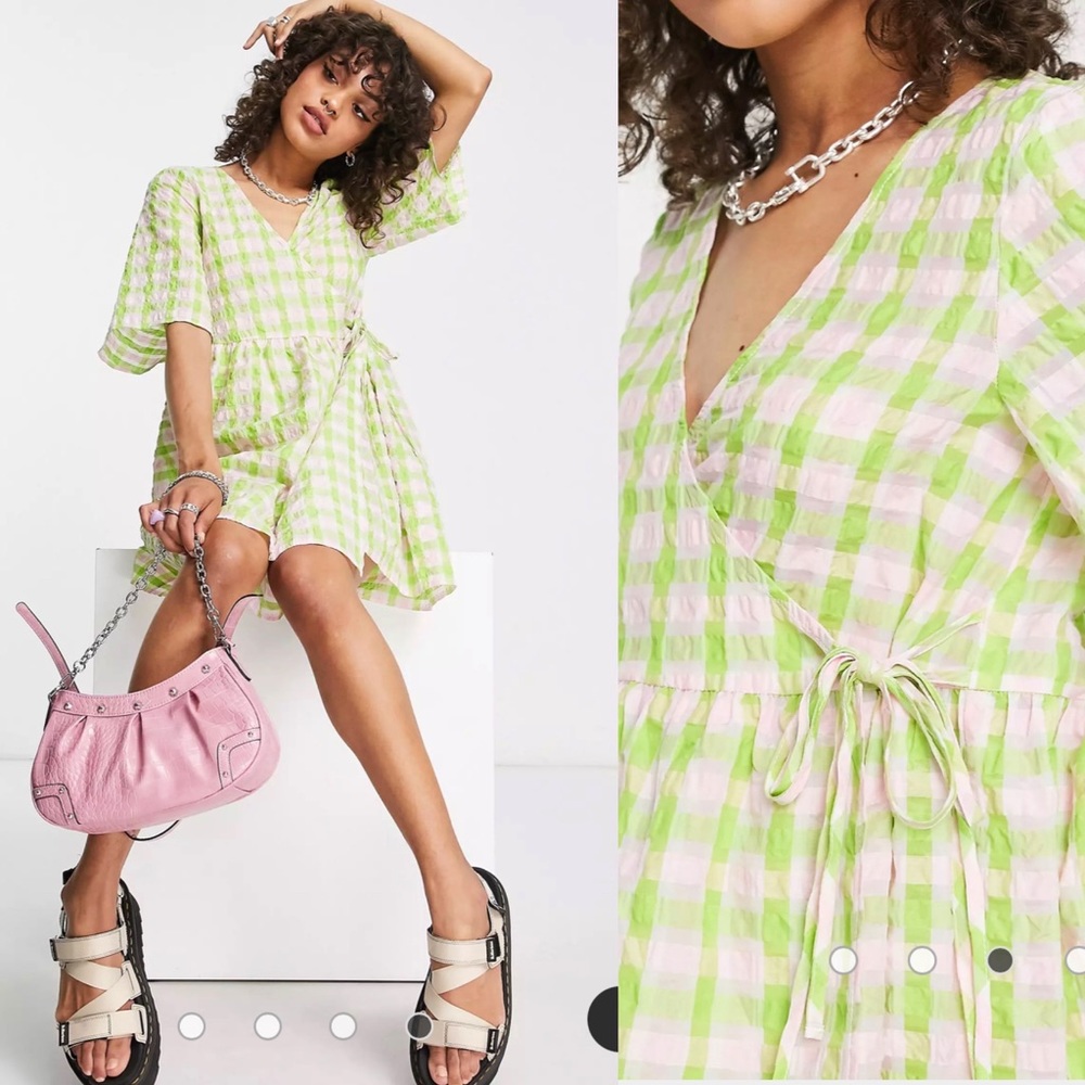 NWOT ASOS Design Wrap Smock Mini Dress Textured Plaid Gingham Pink & Green 8